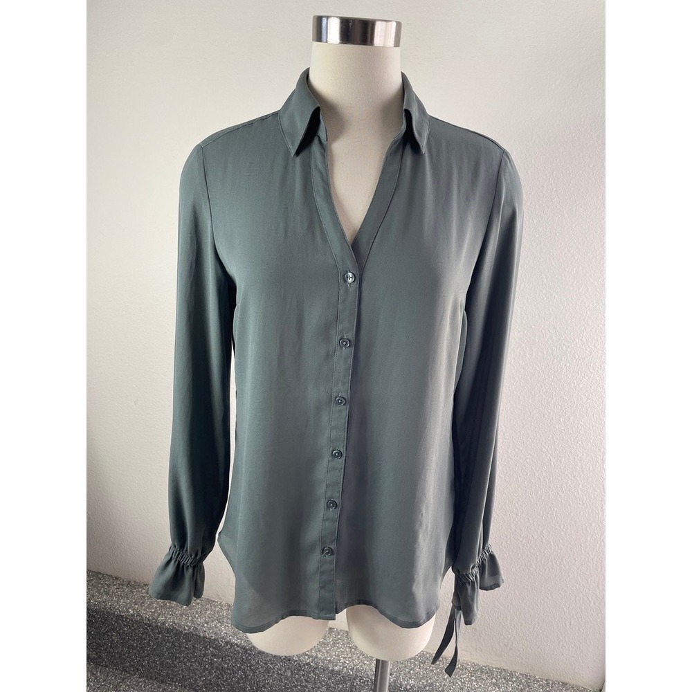 Express Portofino Shirt Women Medium Slim Fit Olive Long Sleeve Button Up Blouse